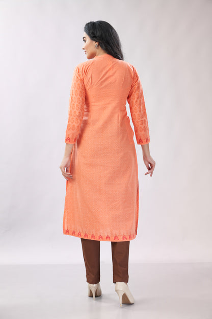 A-line Hand Block Printed Embroidered Cotton Kurti - Dedhia House