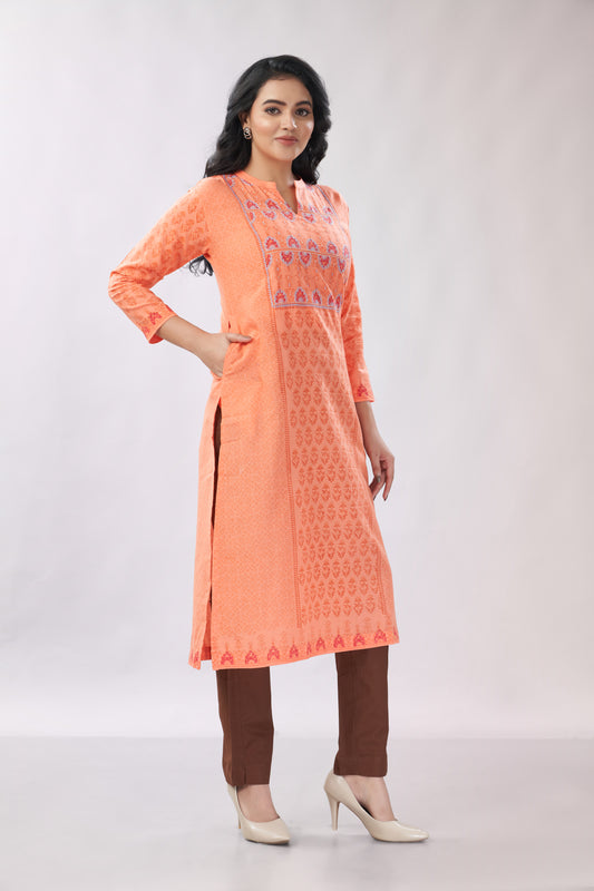 A-line Hand Block Printed Embroidered Cotton Kurti - Dedhia House