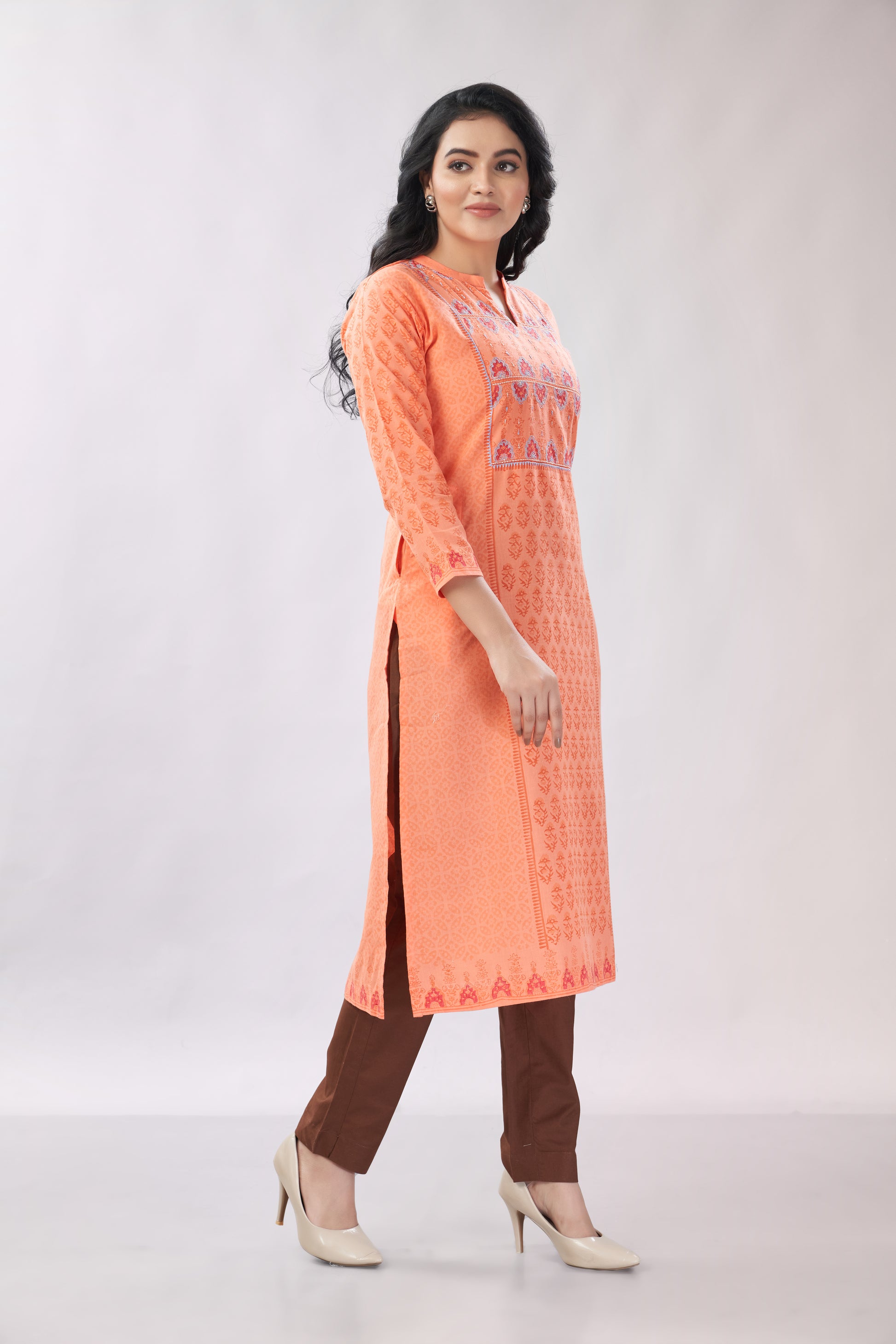 A-line Hand Block Printed Embroidered Cotton Kurti - Dedhia House