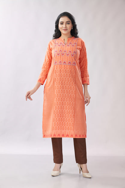 A-line Hand Block Printed Embroidered Cotton Kurti - Dedhia House