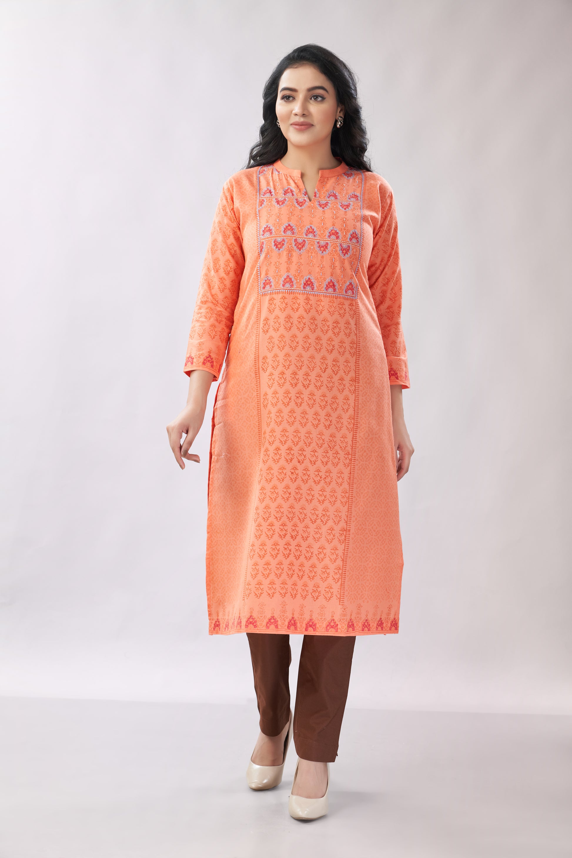 A-line Hand Block Printed Embroidered Cotton Kurti - Dedhia House
