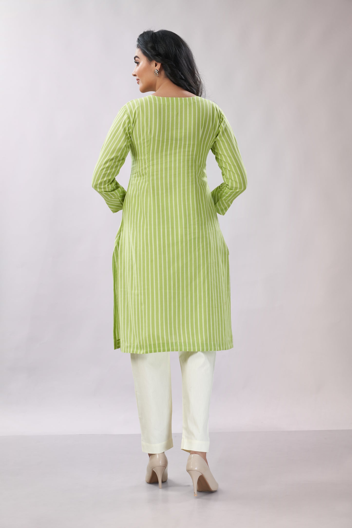 A-line Striped Printed Embroidered Cotton Kurti - Dedhia House