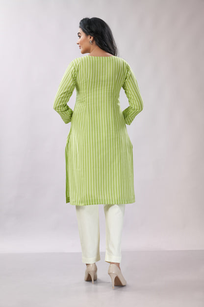 A-line Striped Printed Embroidered Cotton Kurti - Dedhia House