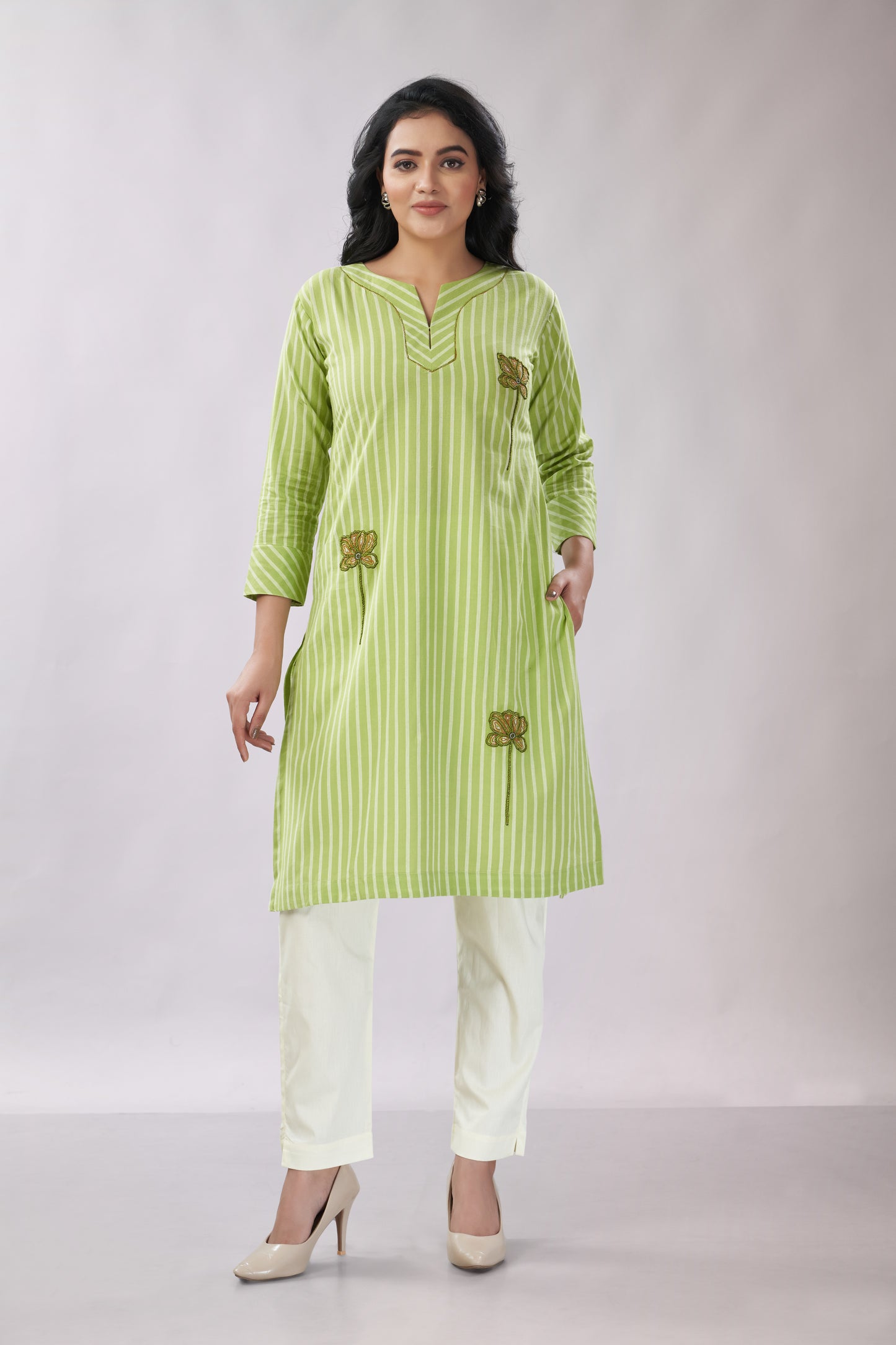 A-line Striped Printed Embroidered Cotton Kurti - Dedhia House