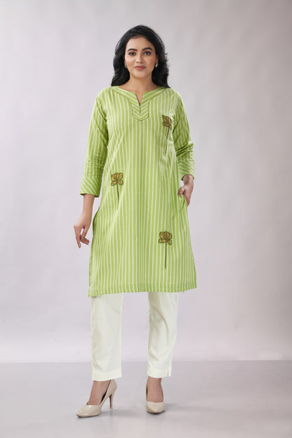 A-line Striped Printed Embroidered Cotton Kurti - Dedhia House