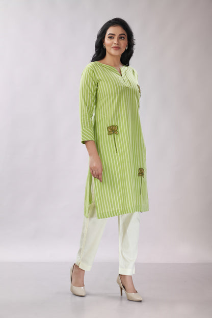 A-line Striped Printed Embroidered Cotton Kurti - Dedhia House
