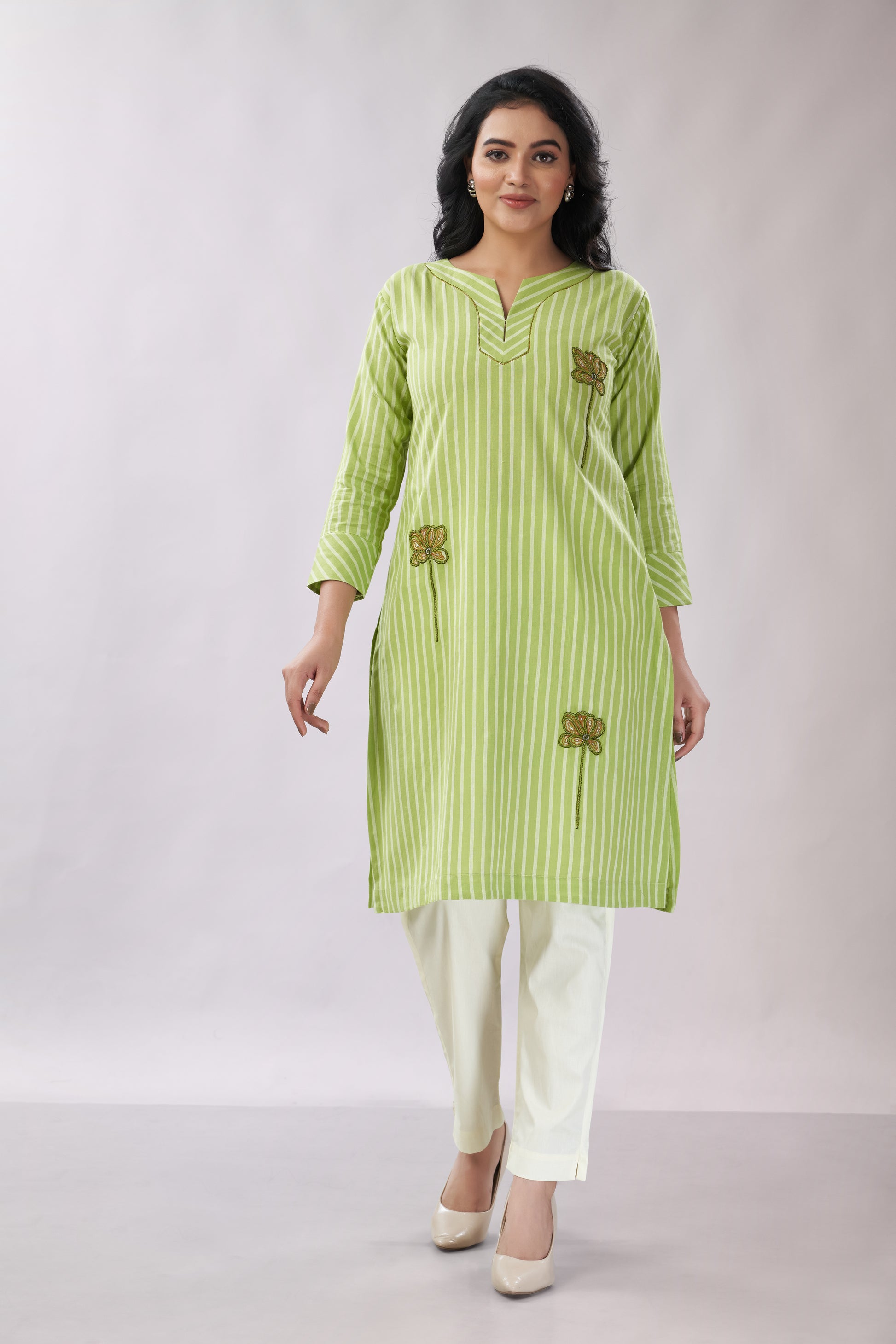 A-line Striped Printed Embroidered Cotton Kurti - Dedhia House