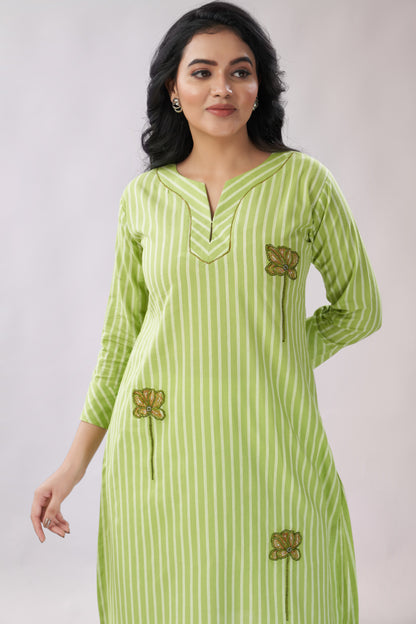A-line Striped Printed Embroidered Cotton Kurti - Dedhia House