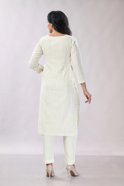 A-line Hand Embroidered Block Printed Cotton Kurti - Dedhia House