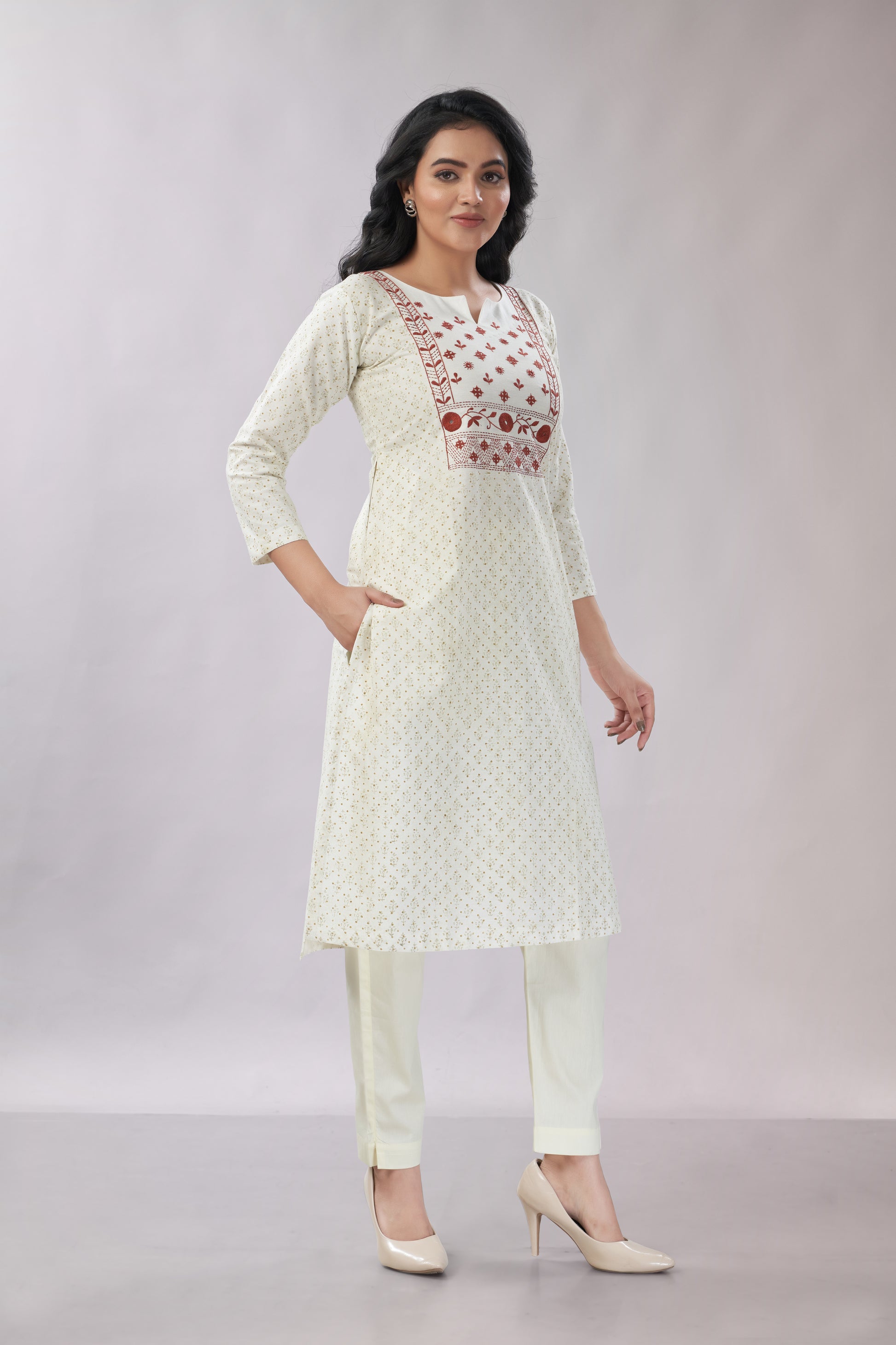 A-line Hand Embroidered Block Printed Cotton Kurti - Dedhia House