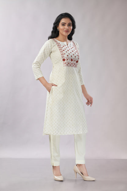 A-line Hand Embroidered Block Printed Cotton Kurti - Dedhia House