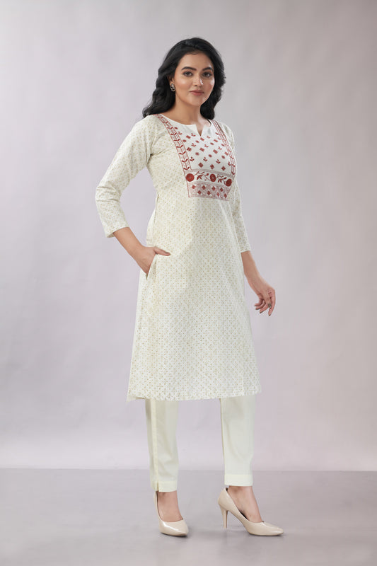 A-line Hand Embroidered Block Printed Cotton Kurti - Dedhia House