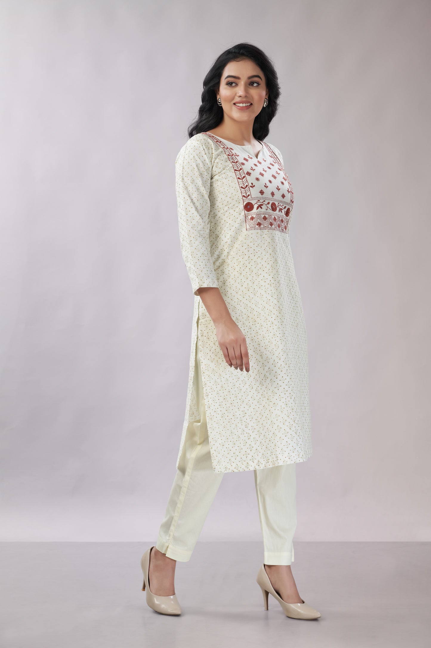 A-line Hand Embroidered Block Printed Cotton Kurti - Dedhia House