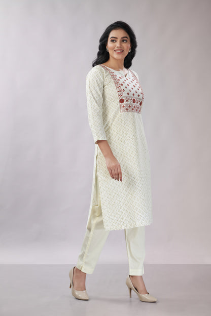 A-line Hand Embroidered Block Printed Cotton Kurti - Dedhia House