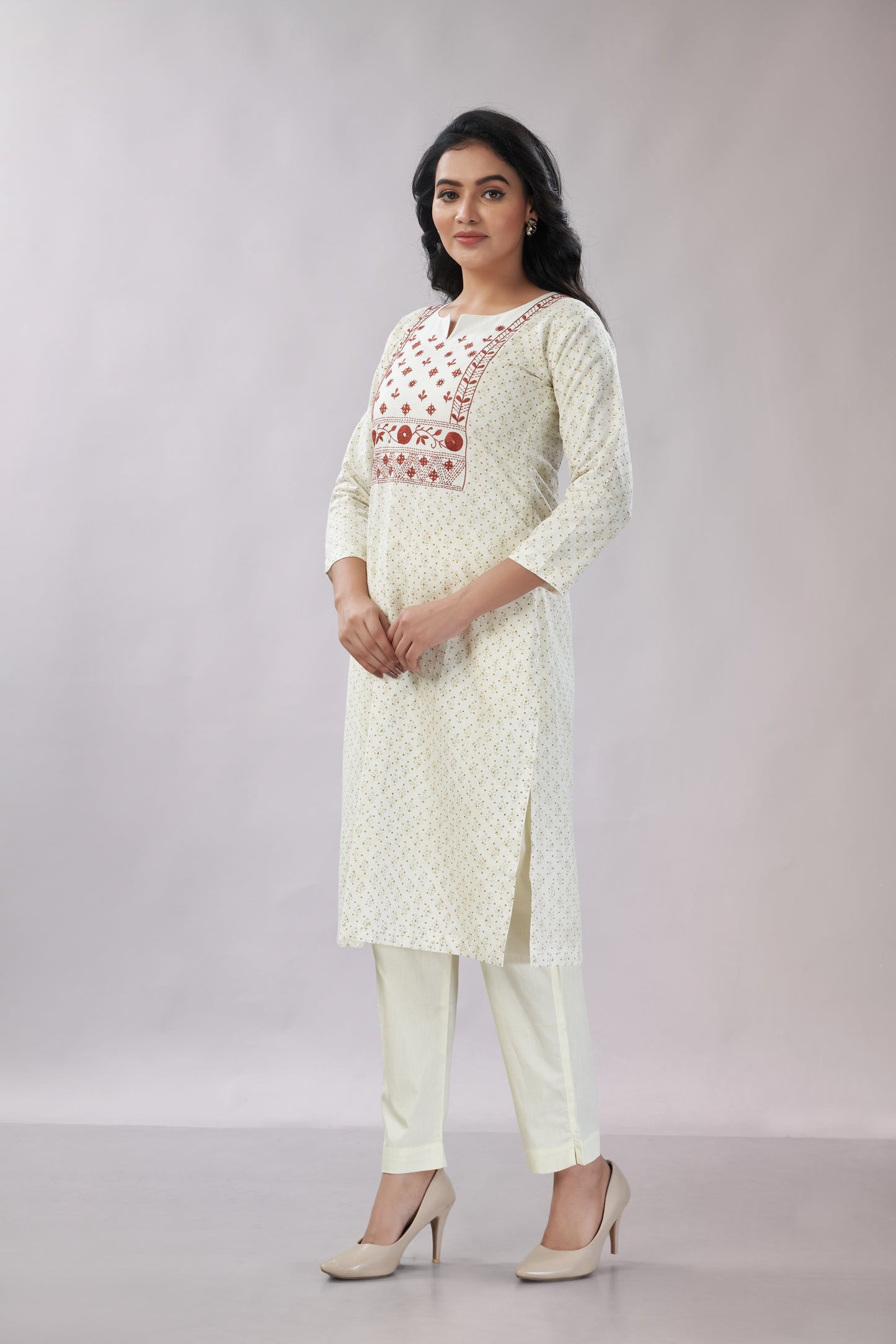 A-line Hand Embroidered Block Printed Cotton Kurti - Dedhia House