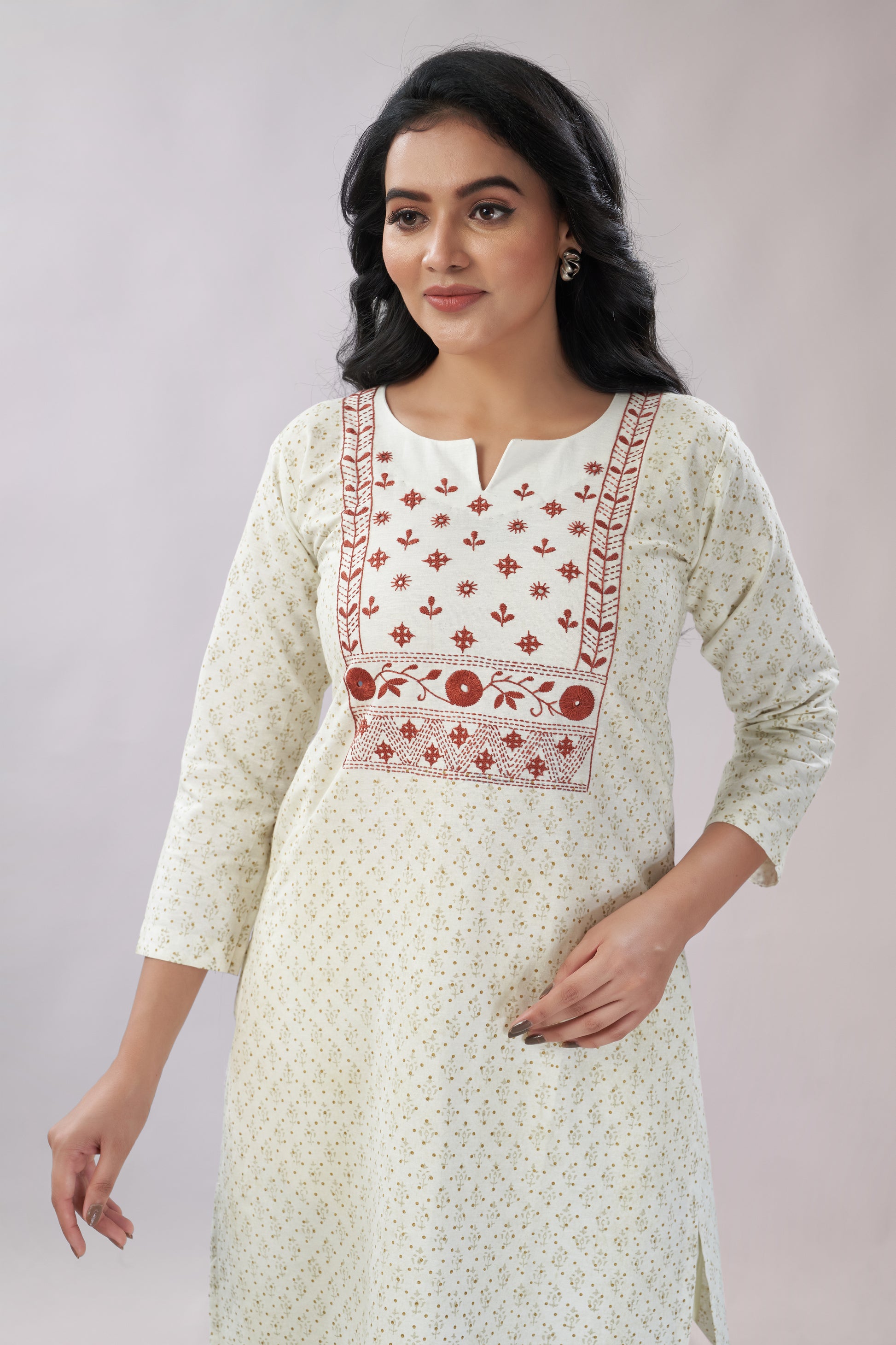 A-line Hand Embroidered Block Printed Cotton Kurti - Dedhia House