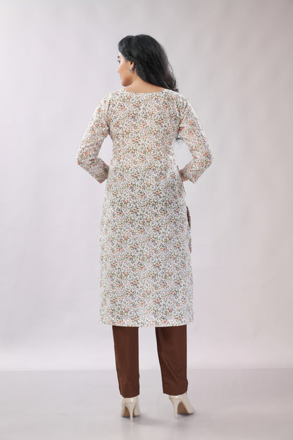 A-line Printed Embroidered Cotton Kurti - Dedhia House