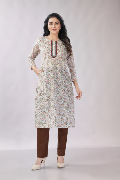 A-line Printed Embroidered Cotton Kurti - Dedhia House
