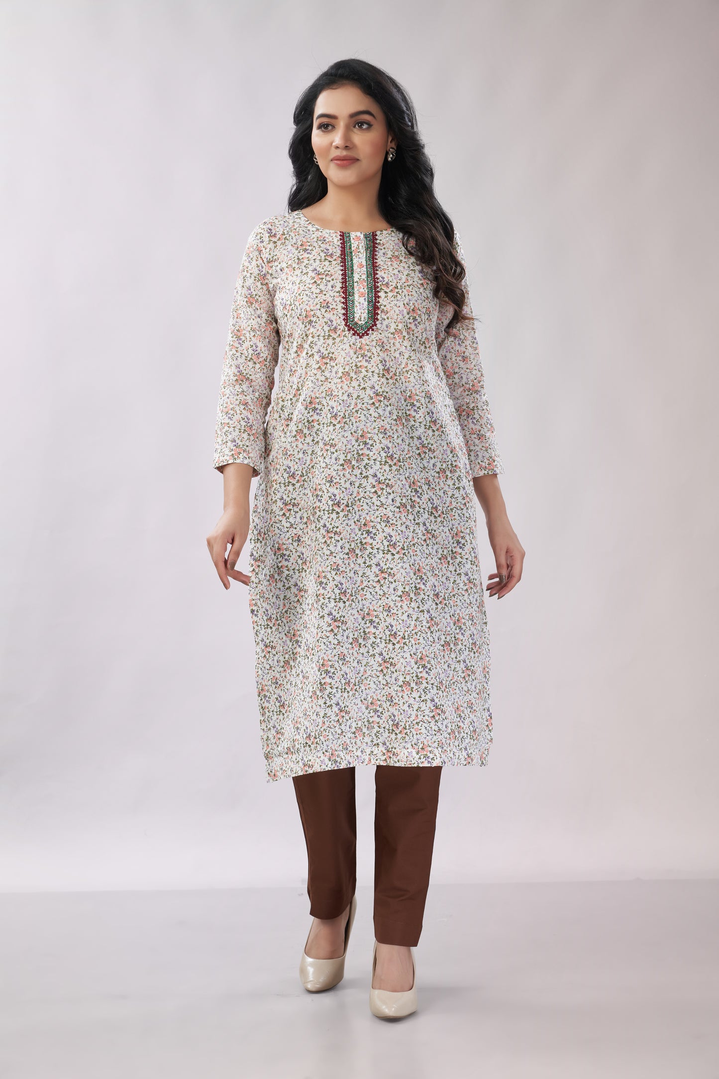 A-line Printed Embroidered Cotton Kurti - Dedhia House