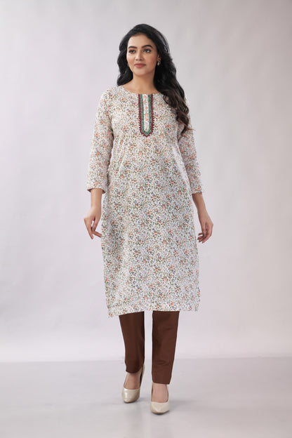 A-line Printed Embroidered Cotton Kurti - Dedhia House