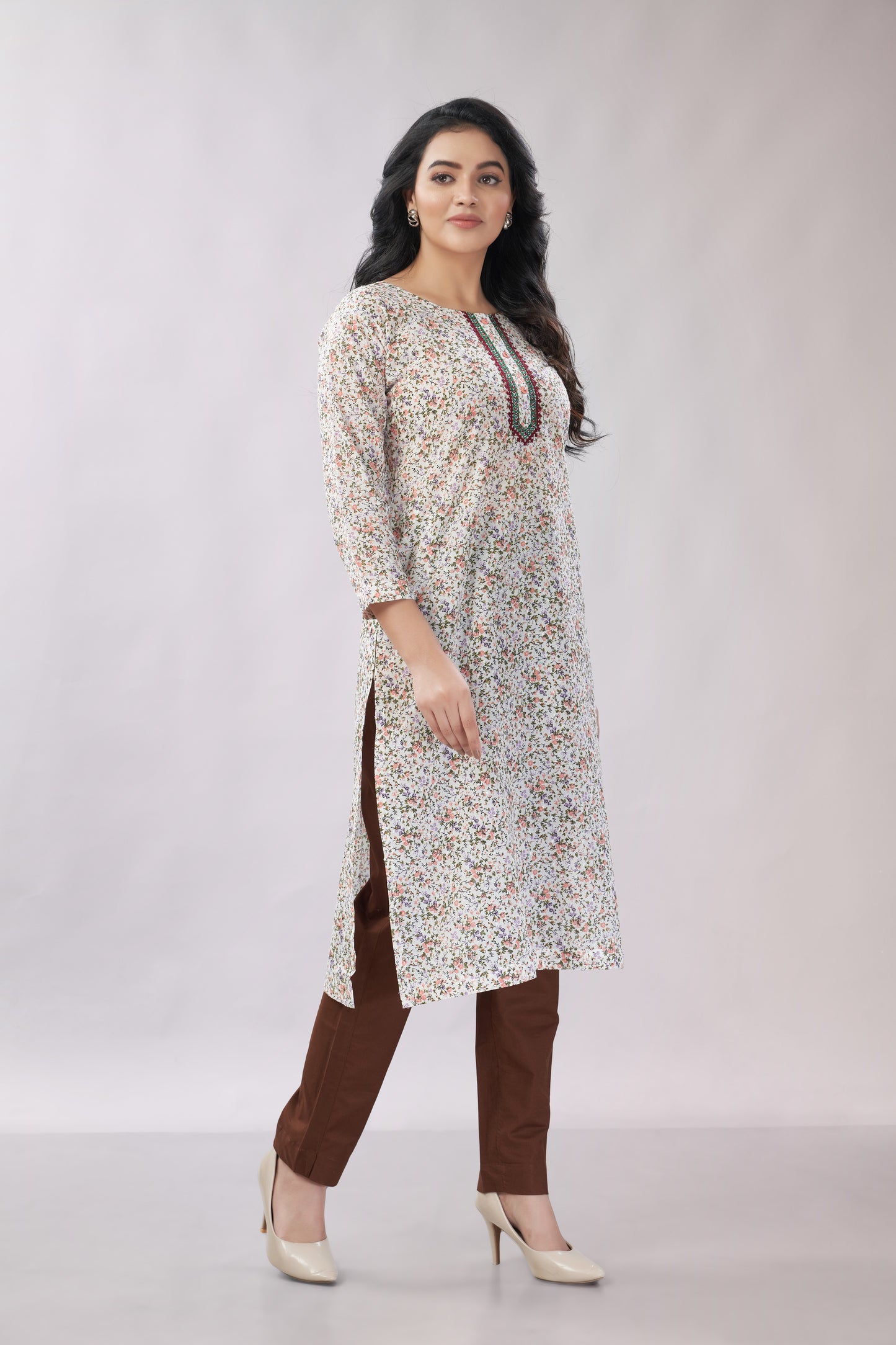 A-line Printed Embroidered Cotton Kurti - Dedhia House