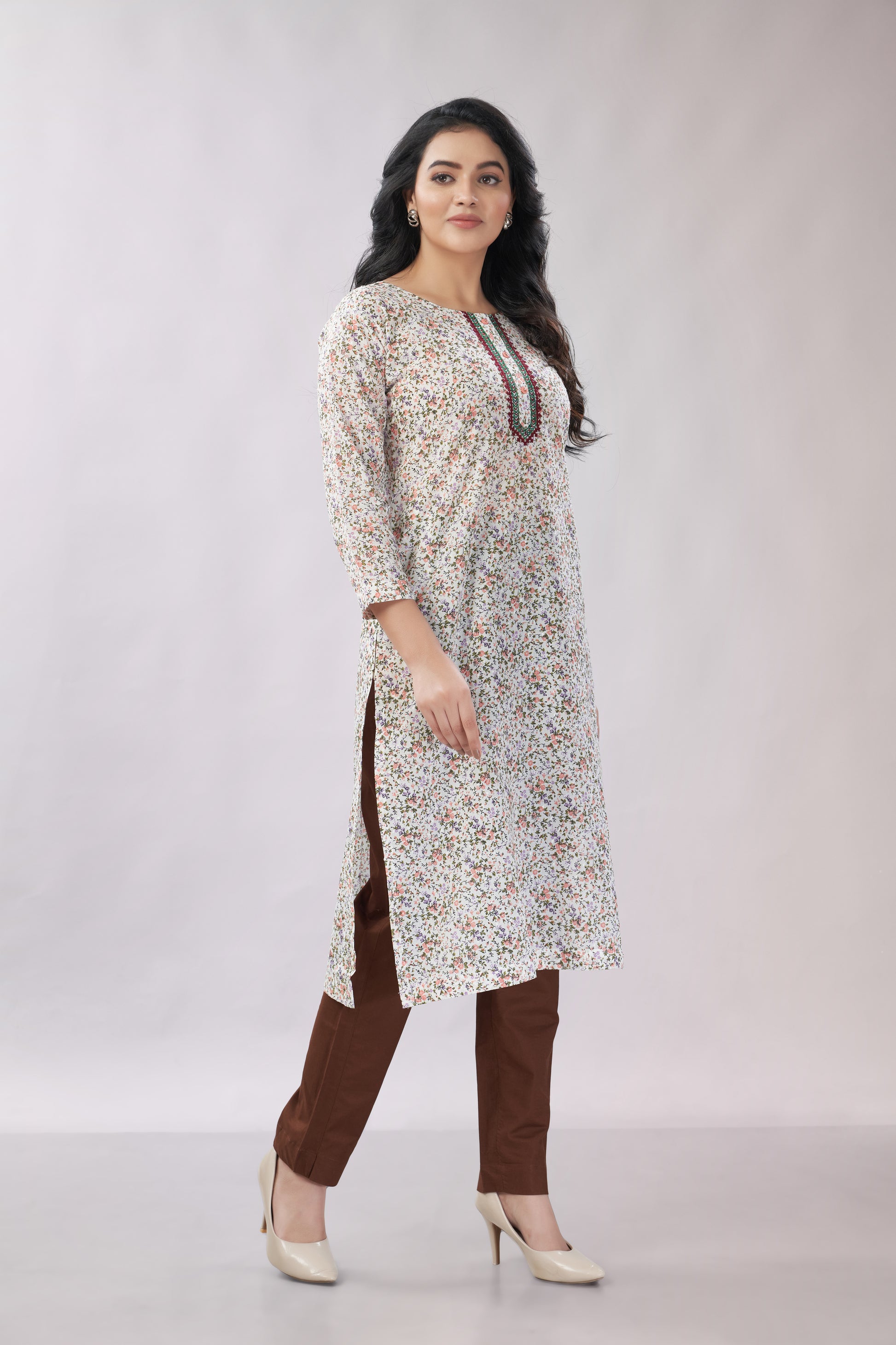A-line Printed Embroidered Cotton Kurti - Dedhia House