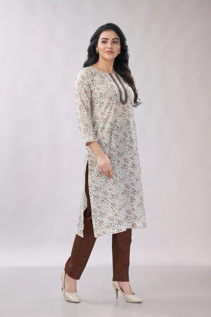 A-line Printed Embroidered Cotton Kurti - Dedhia House