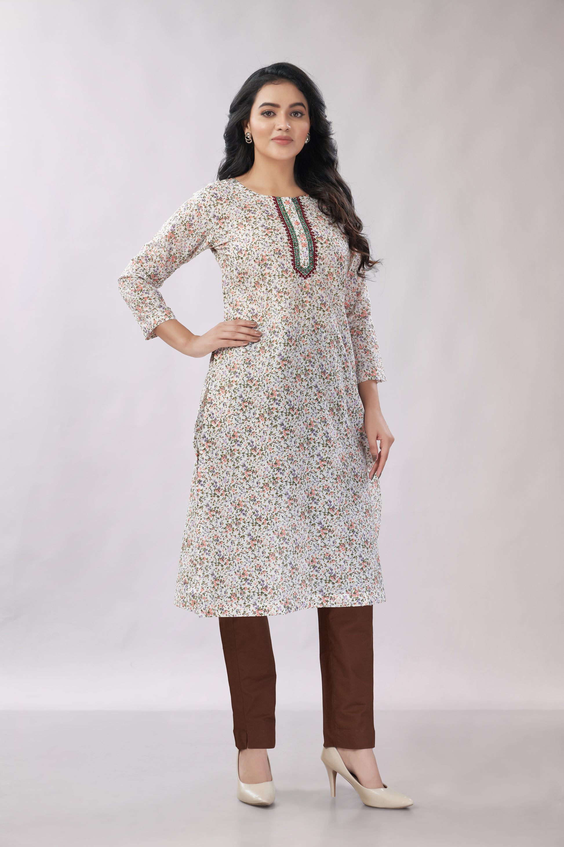 A-line Printed Embroidered Cotton Kurti - Dedhia House