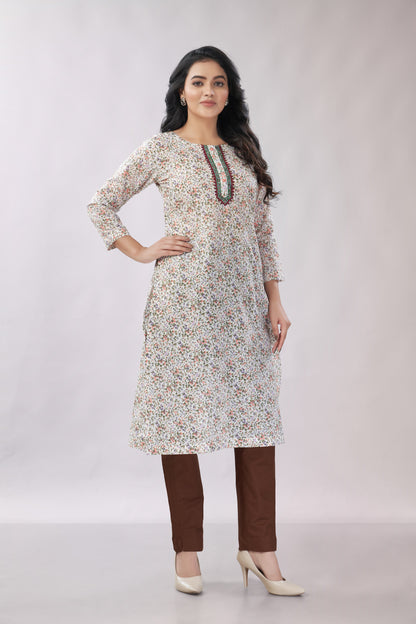 A-line Printed Embroidered Cotton Kurti - Dedhia House