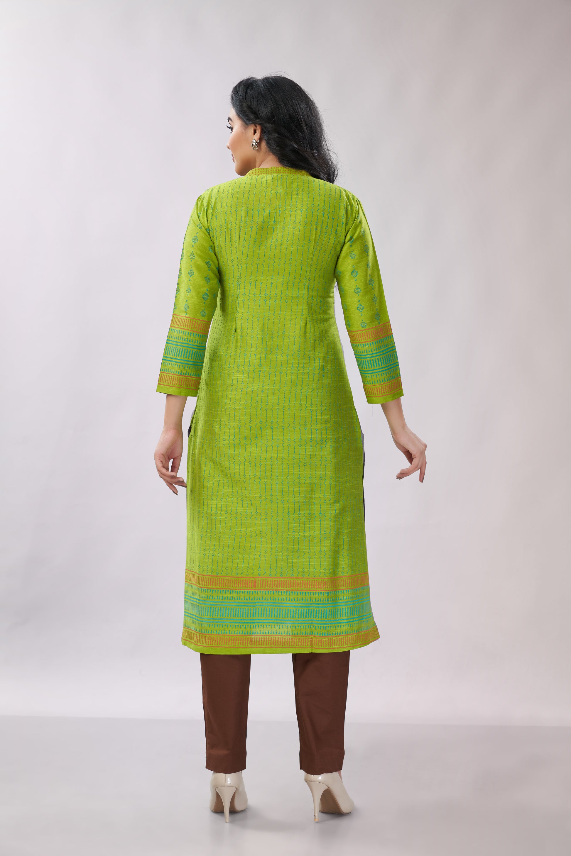 A-line Multi-Printed Zari Detailing Silk Kurti - Dedhia House