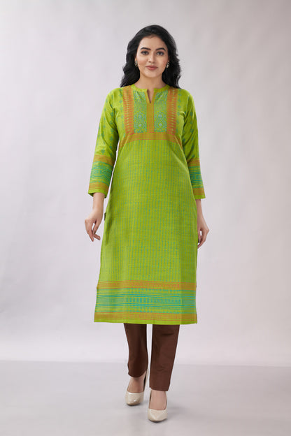 A-line Multi-Printed Zari Detailing Silk Kurti - Dedhia House