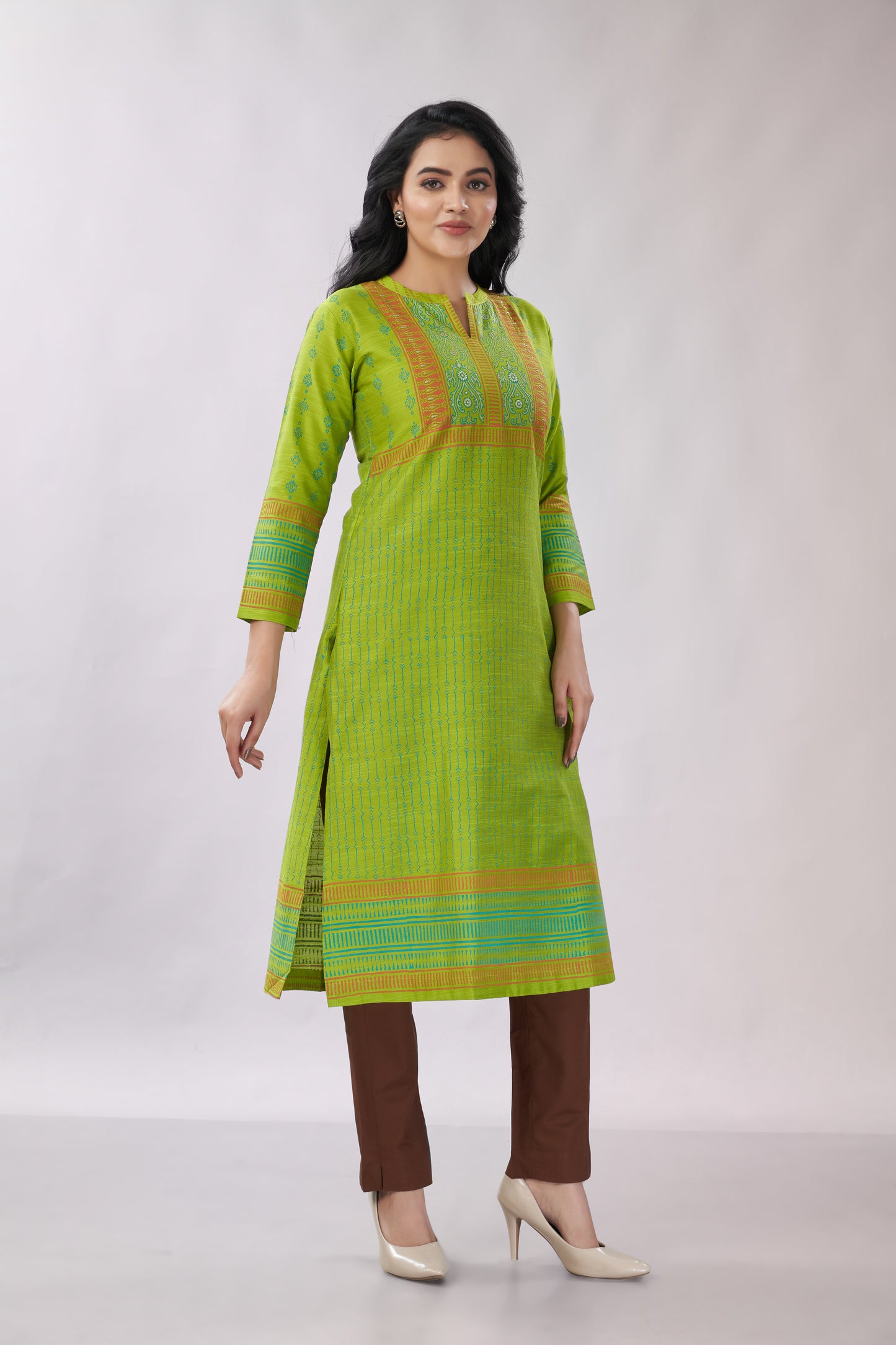 A-line Multi-Printed Zari Detailing Silk Kurti - Dedhia House