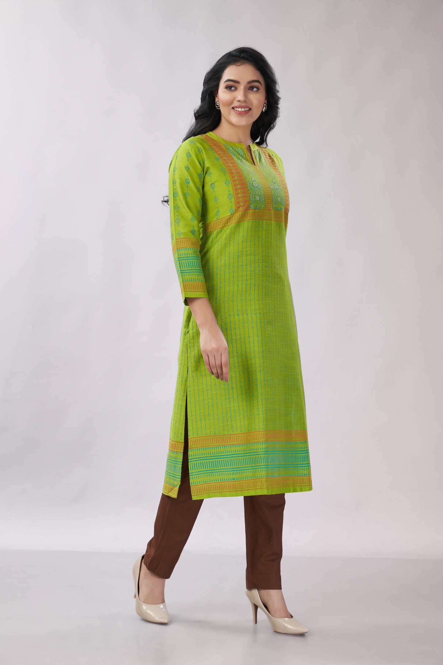 A-line Multi-Printed Zari Detailing Silk Kurti - Dedhia House