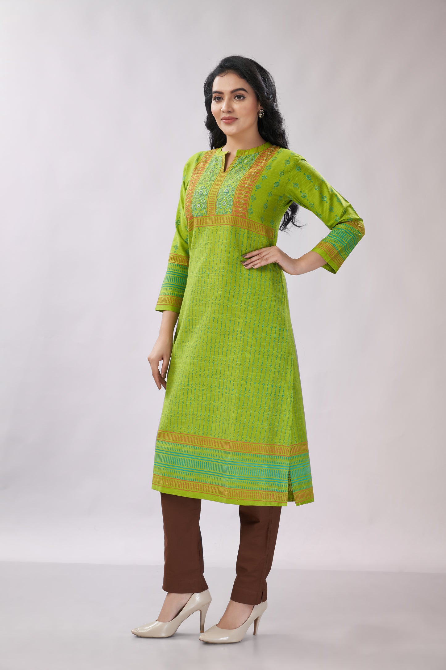 A-line Multi-Printed Zari Detailing Silk Kurti - Dedhia House