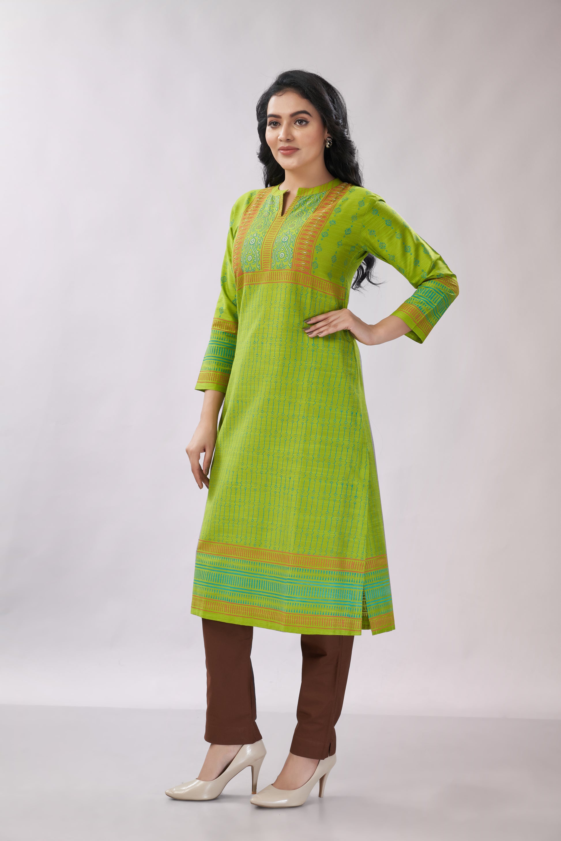 A-line Multi-Printed Zari Detailing Silk Kurti - Dedhia House