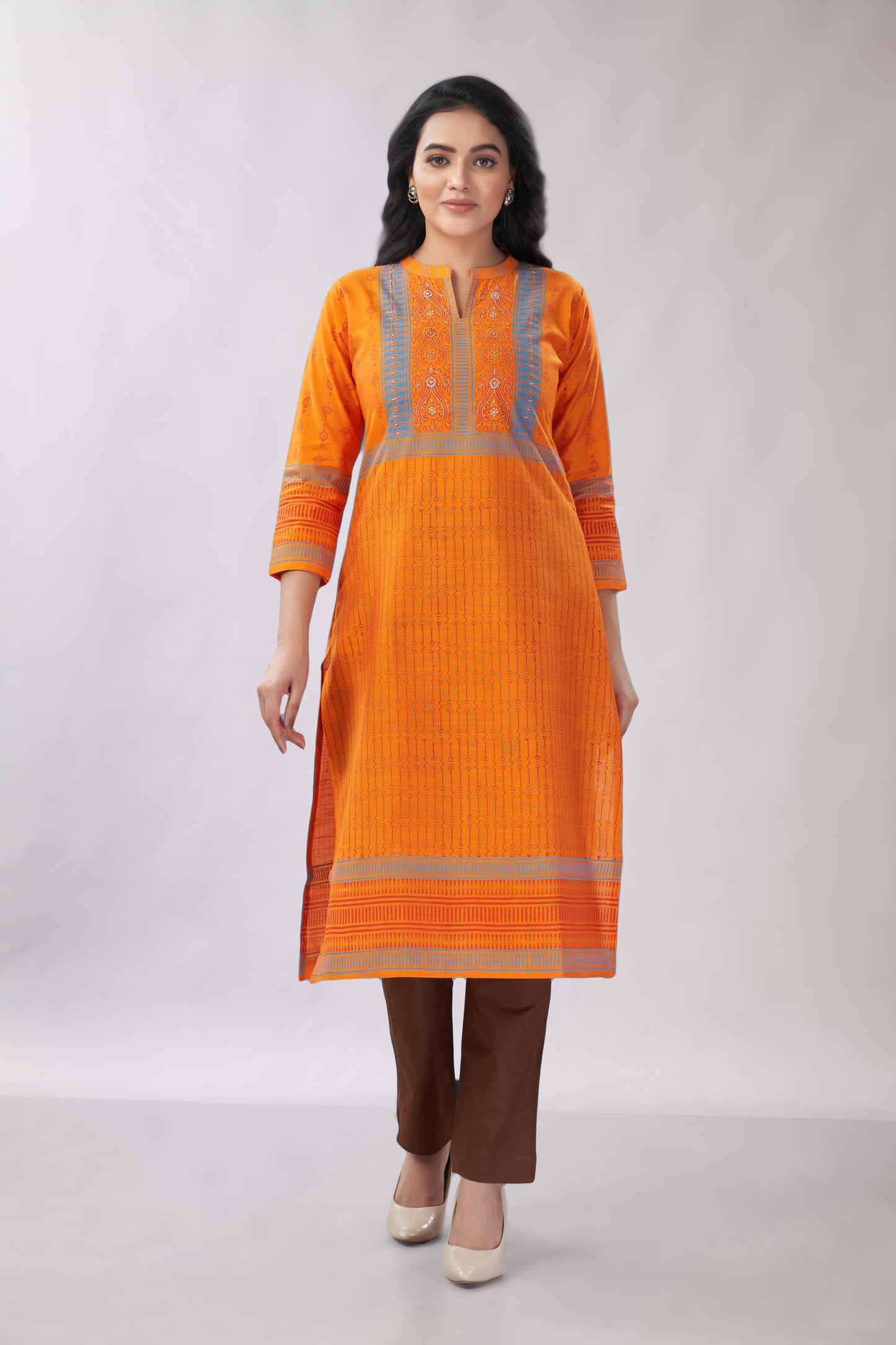 A-line Multi-Printed Zari Detailing Silk Kurti - Dedhia House