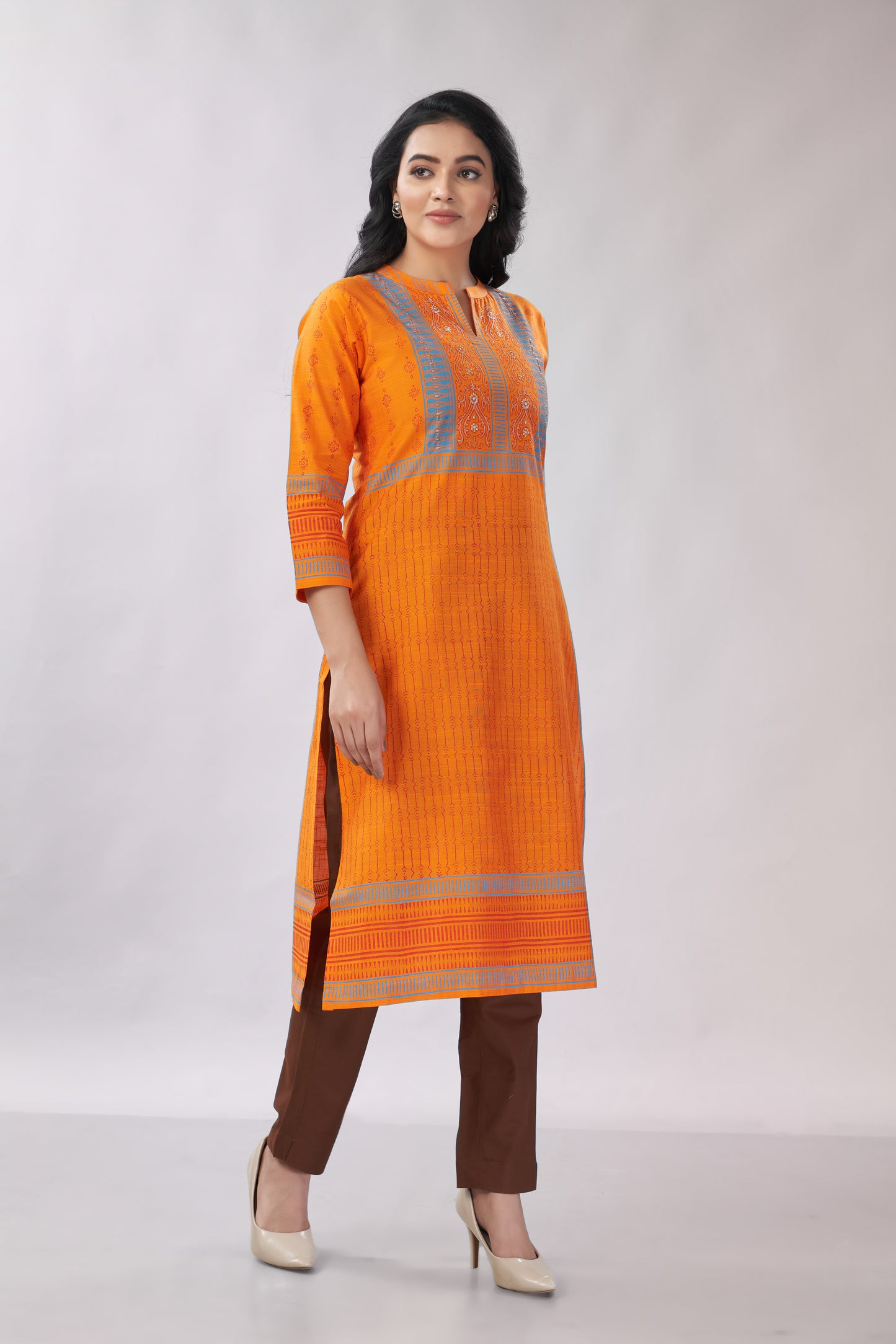A-line Multi-Printed Zari Detailing Silk Kurti - Dedhia House