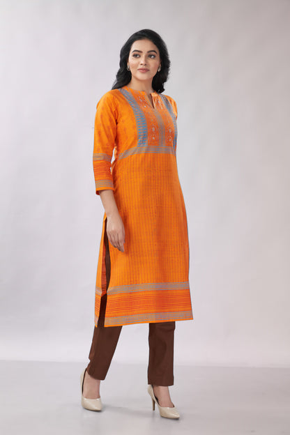 A-line Multi-Printed Zari Detailing Silk Kurti - Dedhia House
