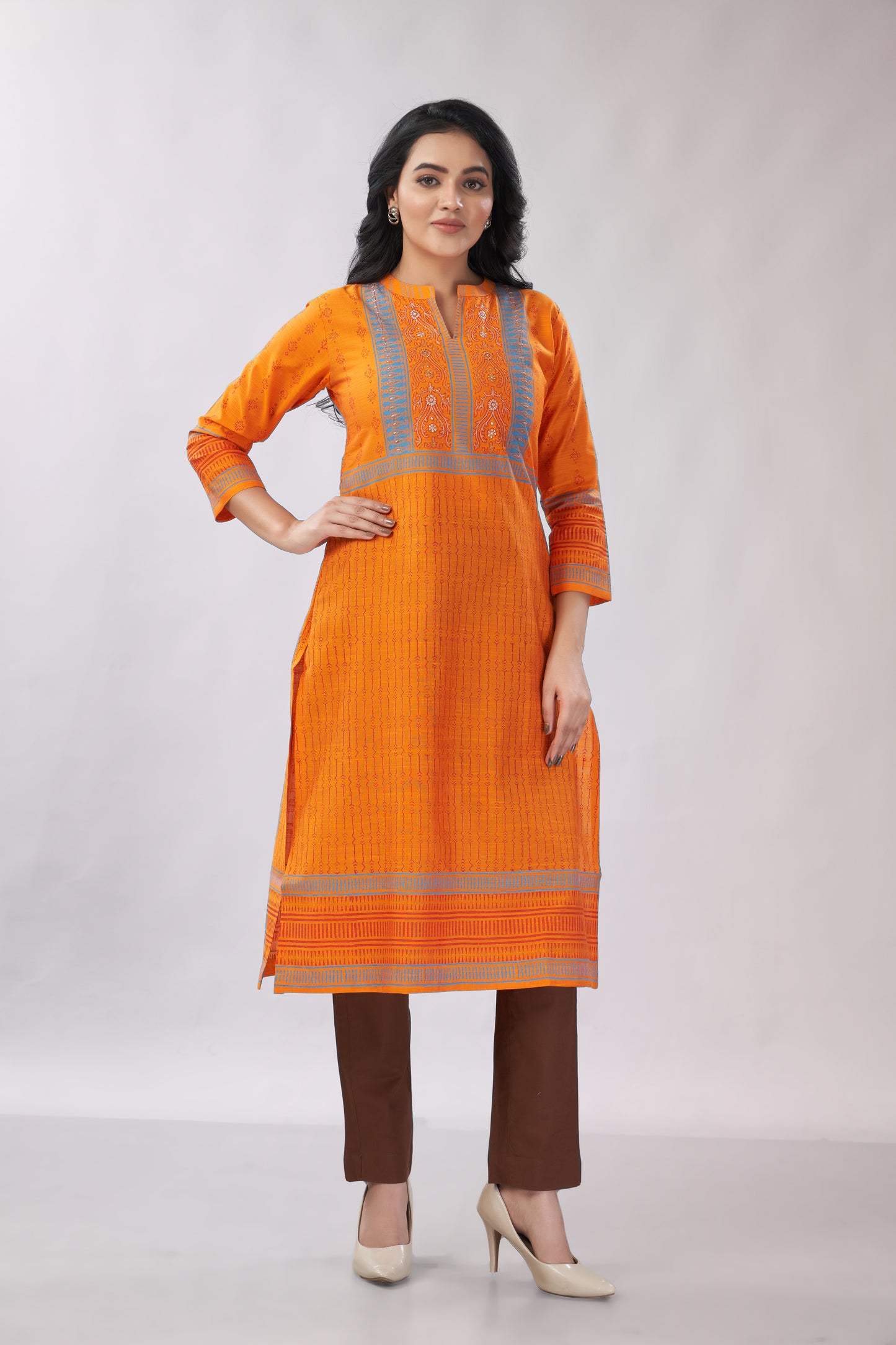 A-line Multi-Printed Zari Detailing Silk Kurti - Dedhia House