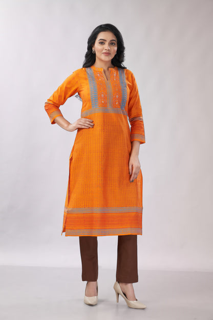 A-line Multi-Printed Zari Detailing Silk Kurti - Dedhia House