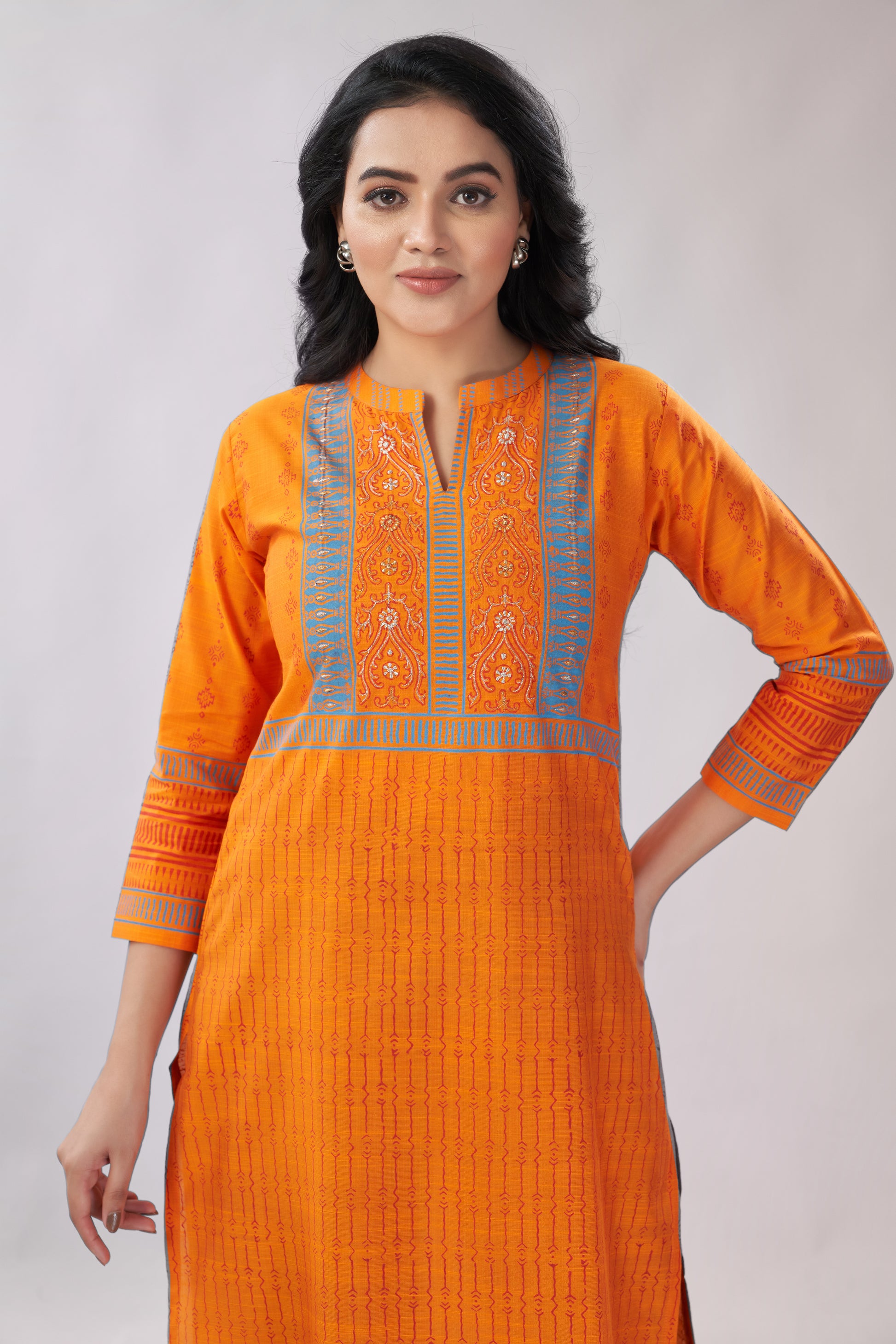 A-line Multi-Printed Zari Detailing Silk Kurti - Dedhia House