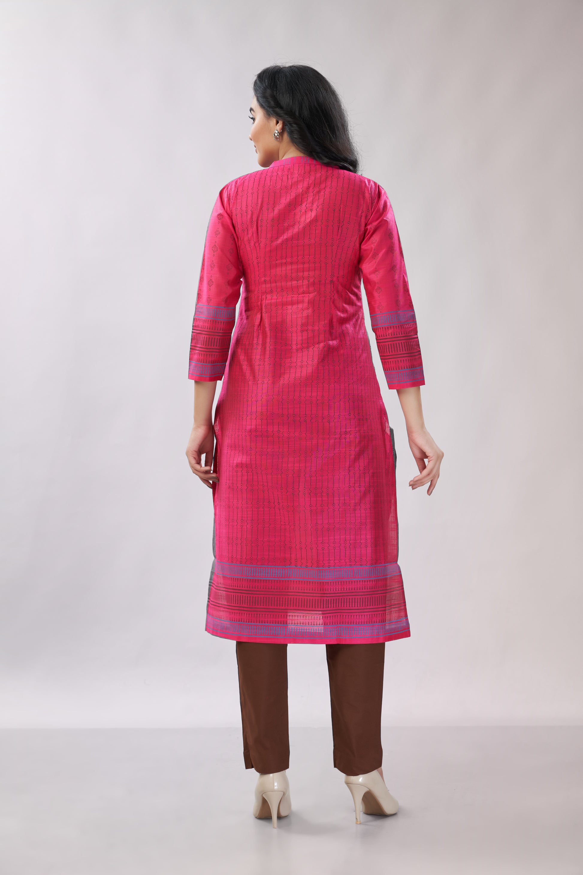 A-line Multi-Printed Zari Detailing Silk Kurti - Dedhia House