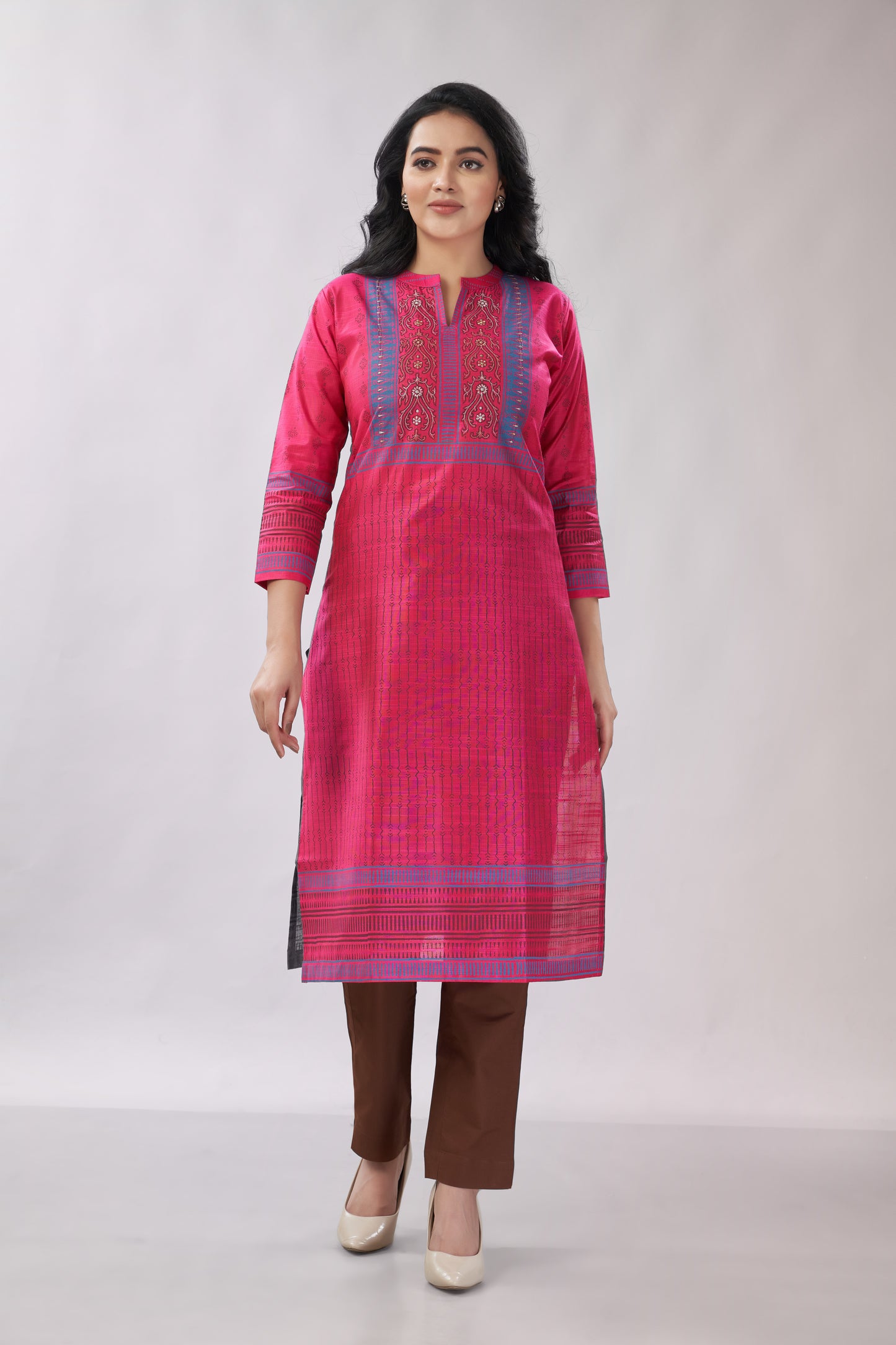 A-line Multi-Printed Zari Detailing Silk Kurti - Dedhia House