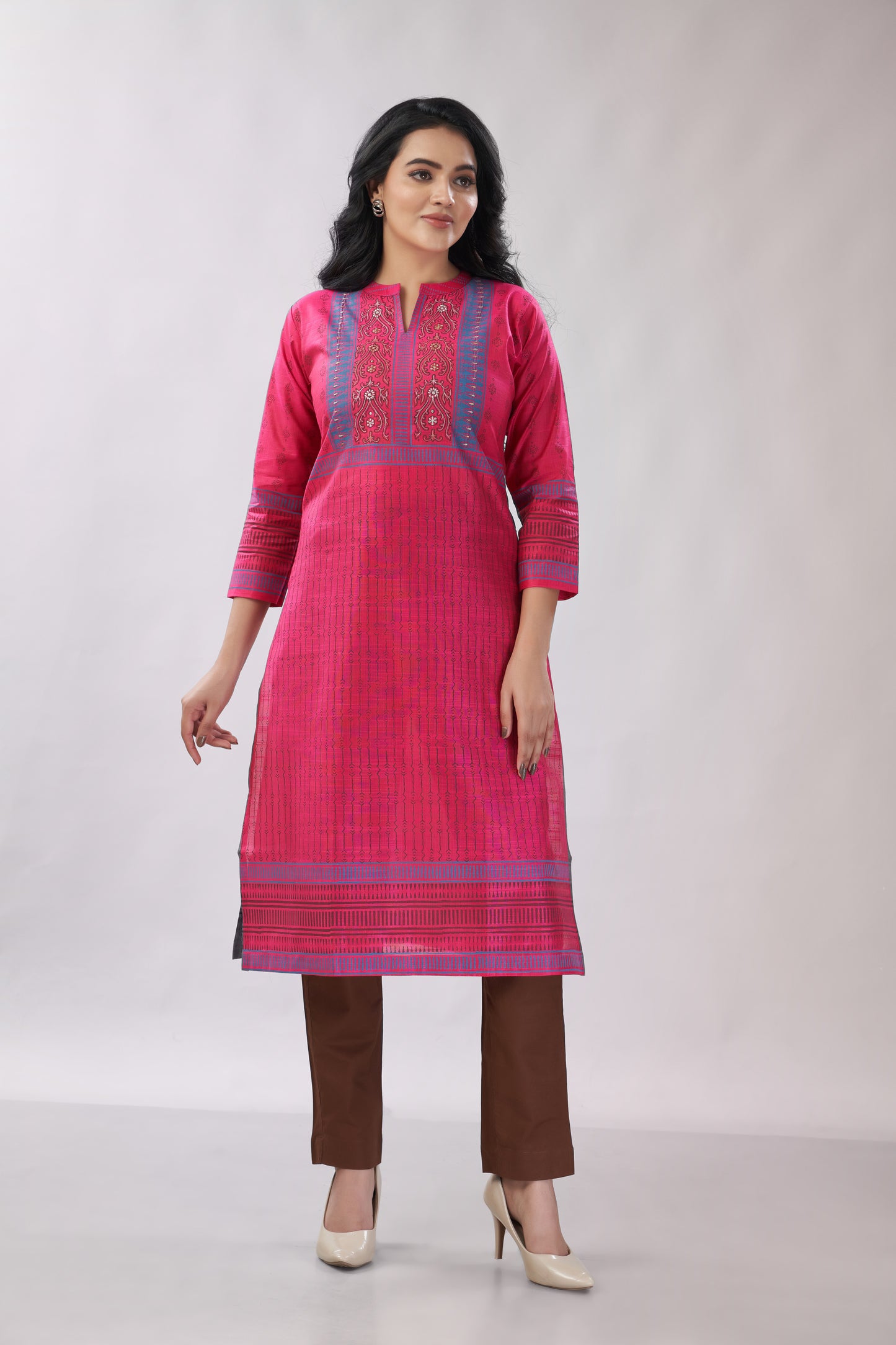 A-line Multi-Printed Zari Detailing Silk Kurti - Dedhia House
