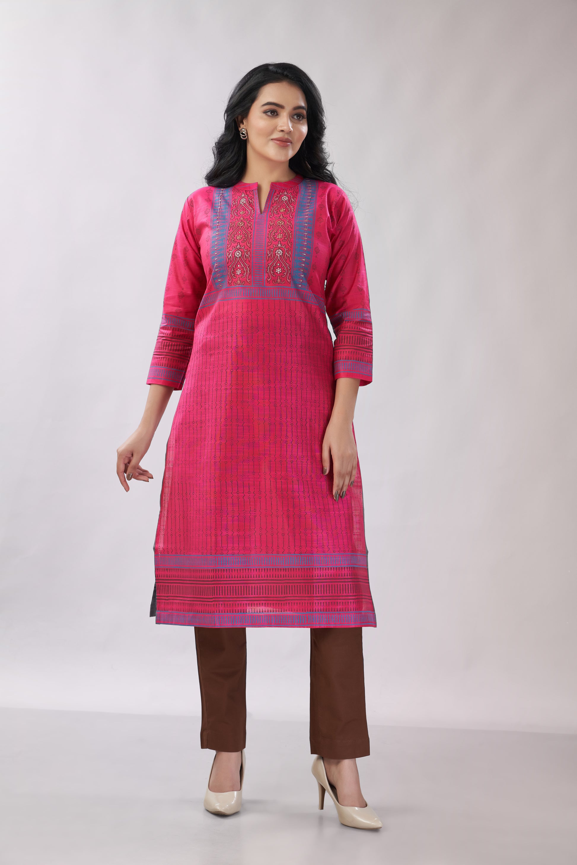 A-line Multi-Printed Zari Detailing Silk Kurti - Dedhia House