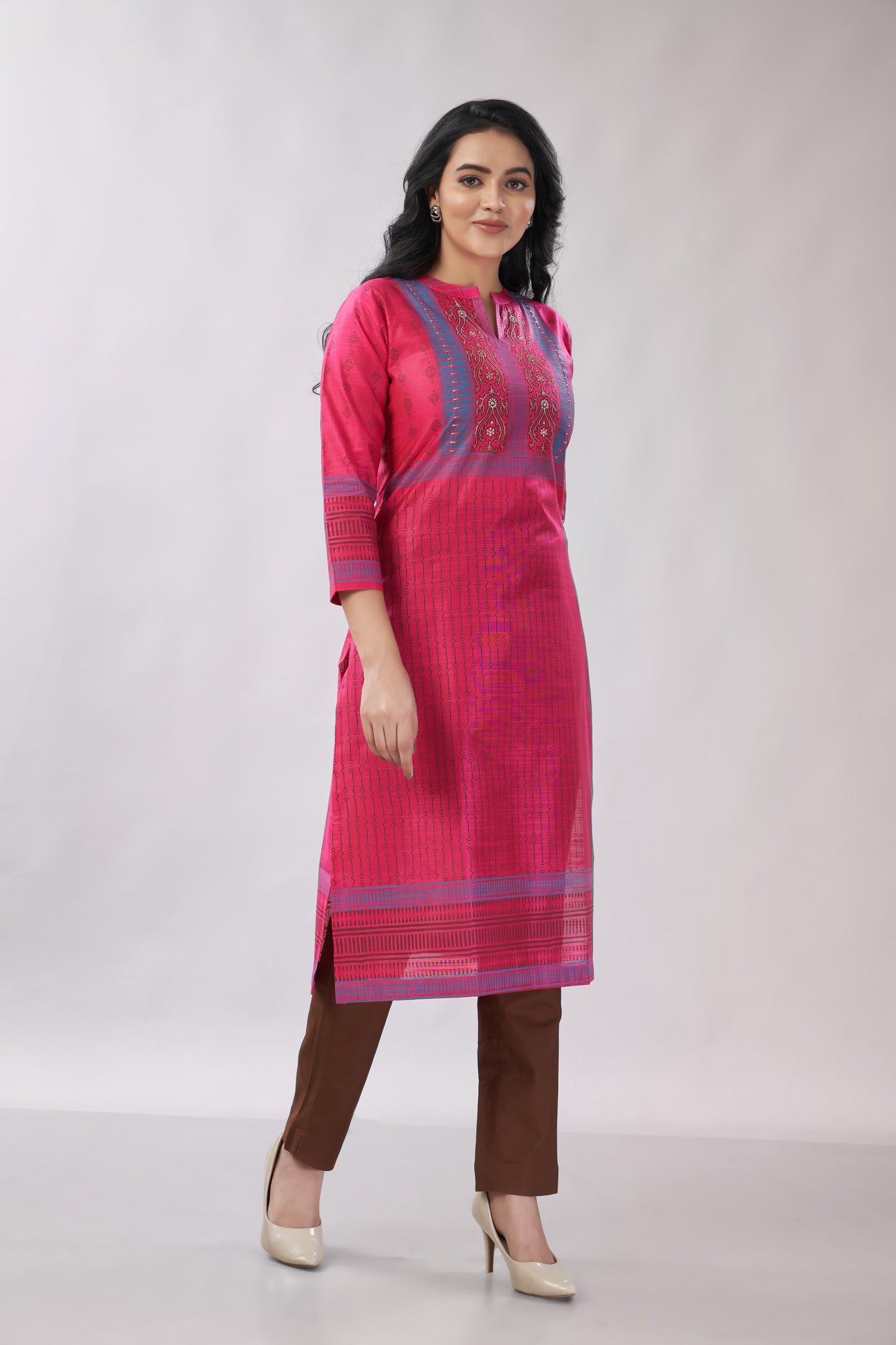A-line Multi-Printed Zari Detailing Silk Kurti - Dedhia House