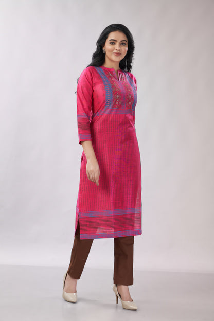 A-line Multi-Printed Zari Detailing Silk Kurti - Dedhia House