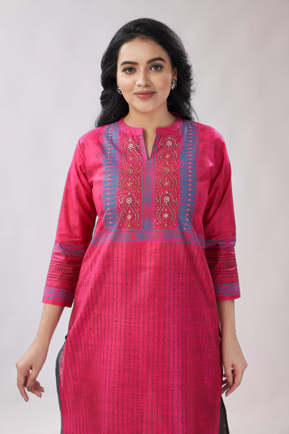 A-line Multi-Printed Zari Detailing Silk Kurti - Dedhia House