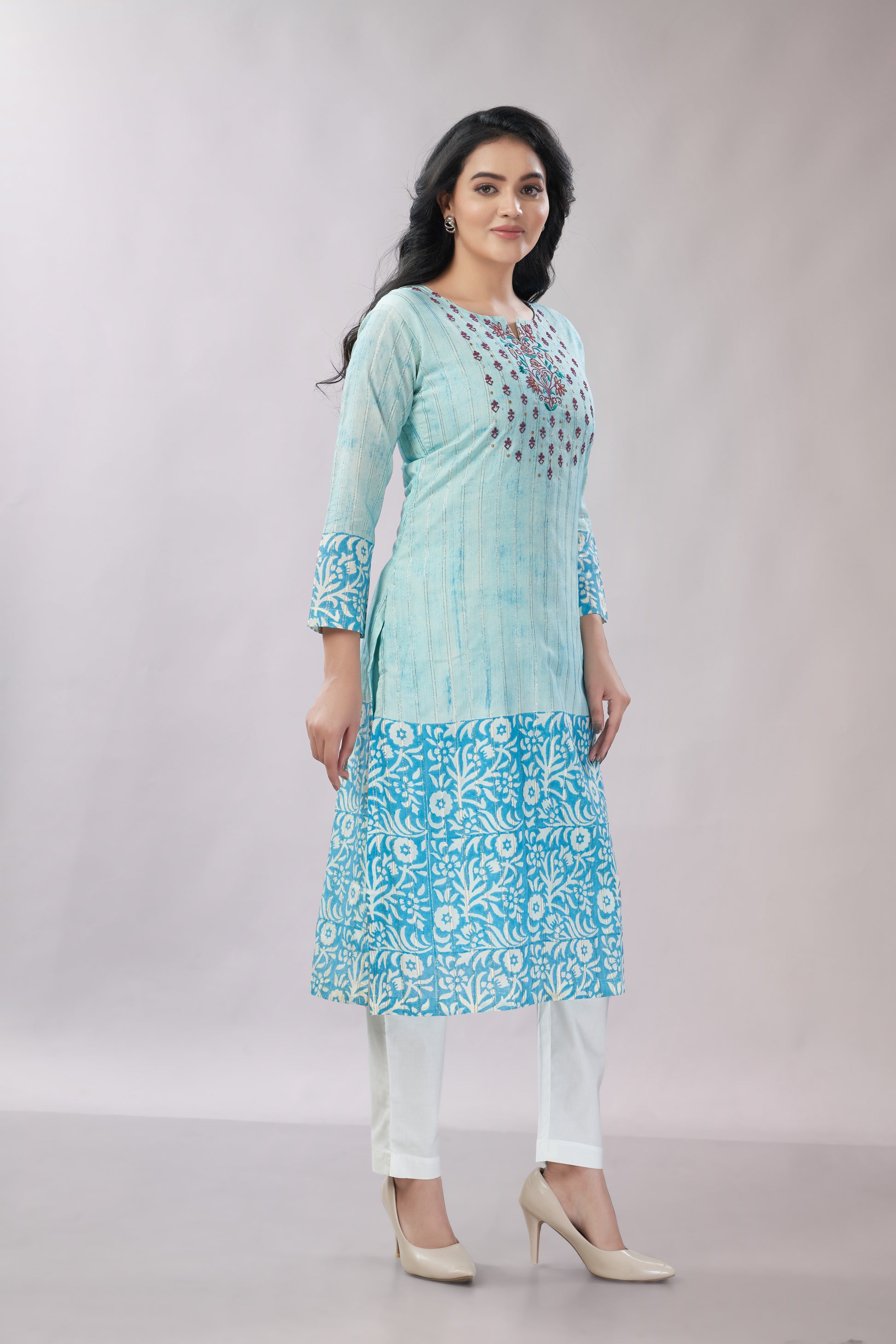 A-line Hand Printed Emrboidered Chanderi Kurti - Dedhia House