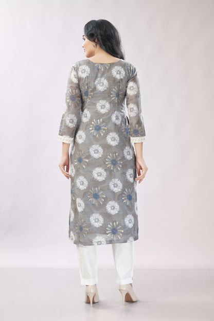 A-line Printed Embroidered Cotton Kurti - Dedhia House